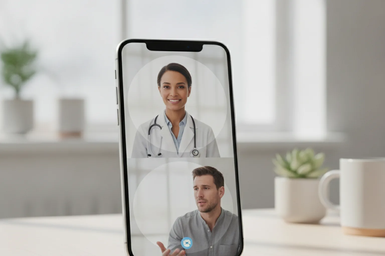 Telemedicine video call between doctor and patient on a mobile device