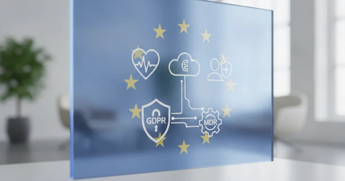European Union flag with digital health data icons, GDPR compliance and medical device regulation concept