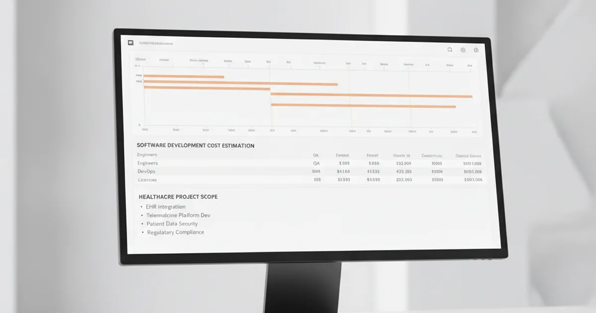 Project budget planning spreadsheet on monitor with timeline gantt chart for healthcare software development