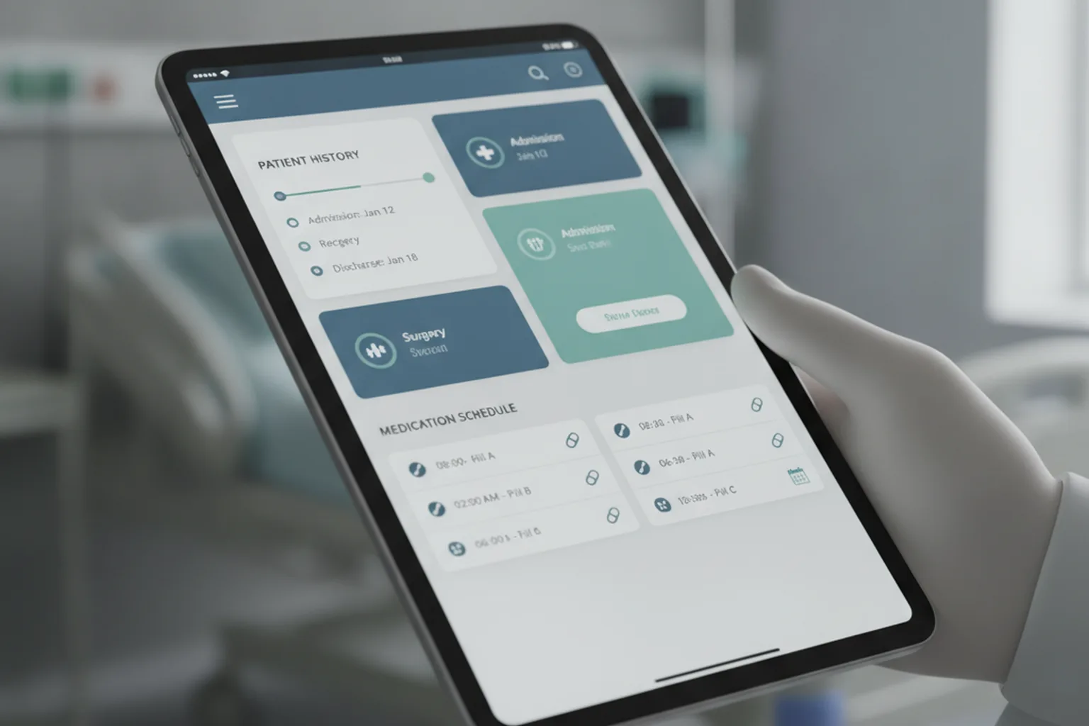 Electronic health record app displayed on a tablet in a healthcare setting