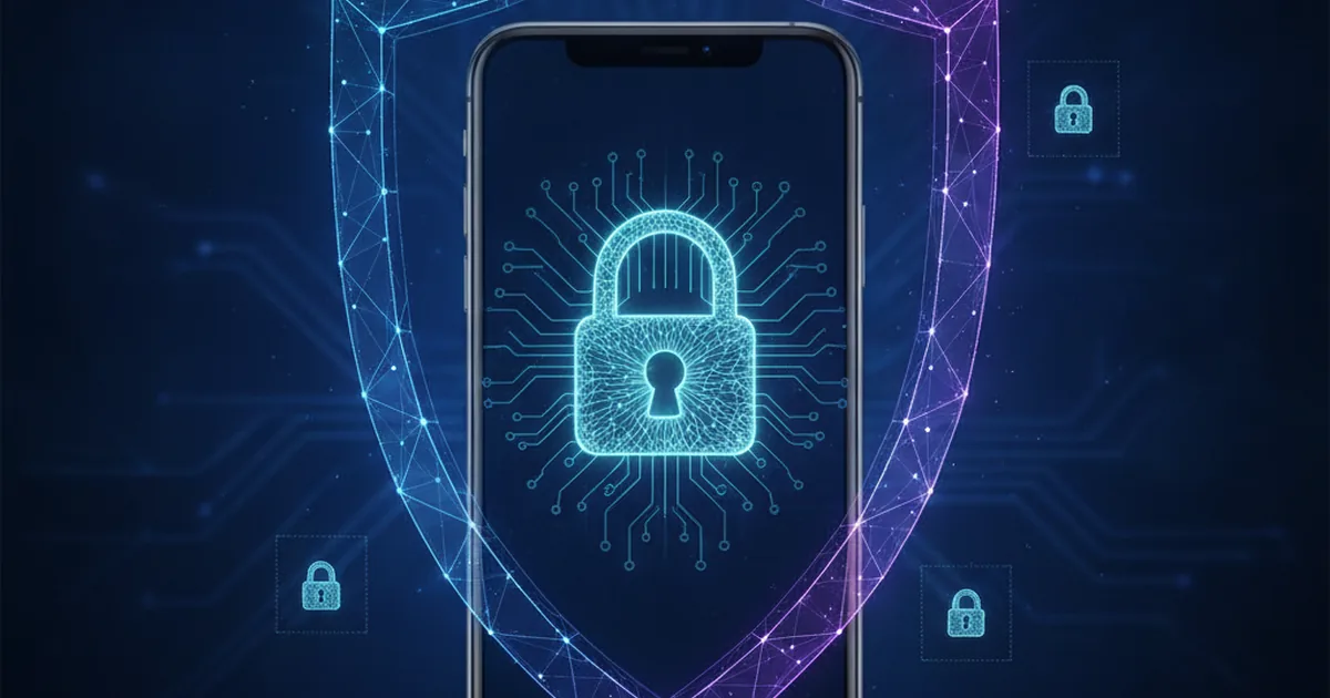Abstract digital security shield protecting mobile device with encryption lock icons, data protection concept