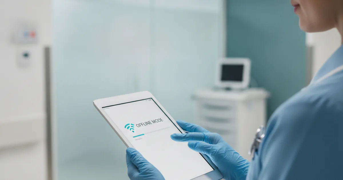Nurse using tablet in hospital corridor with intermittent wifi signal and offline mode indicator