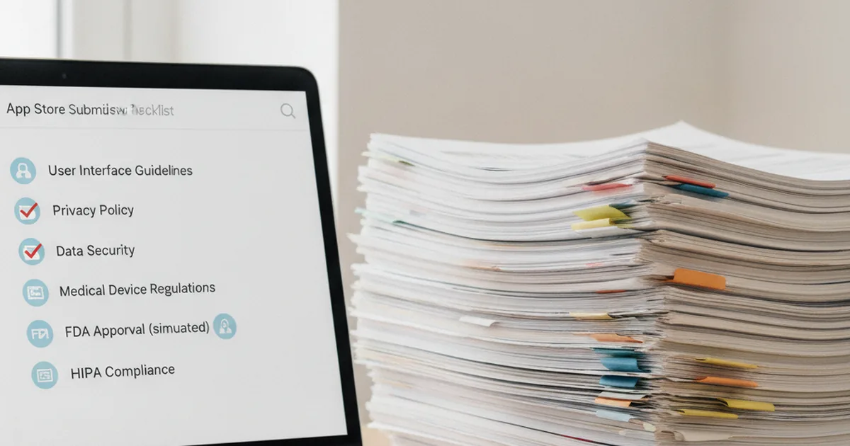 App store submission checklist on laptop screen with compliance documentation stack on desk