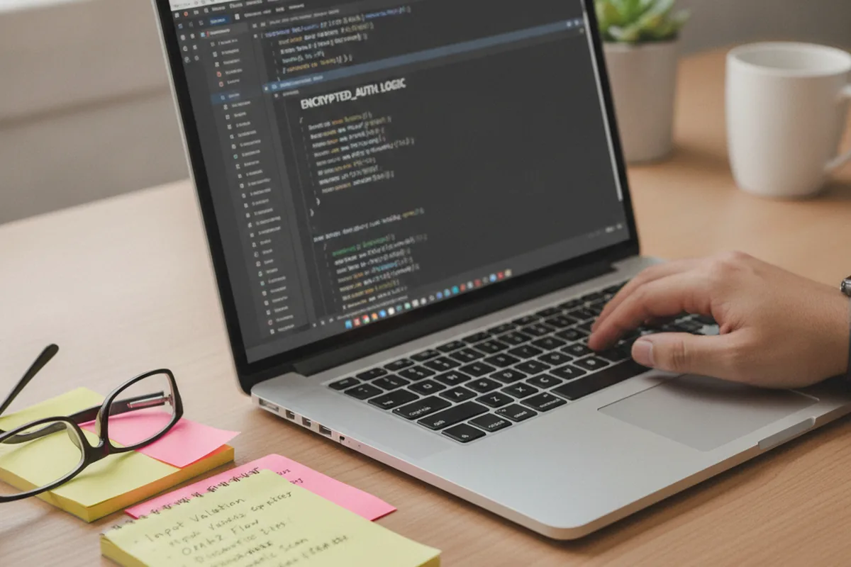 A developer reviewing encrypted authentication code and a security checklist on a laptop during a mobile app security code review