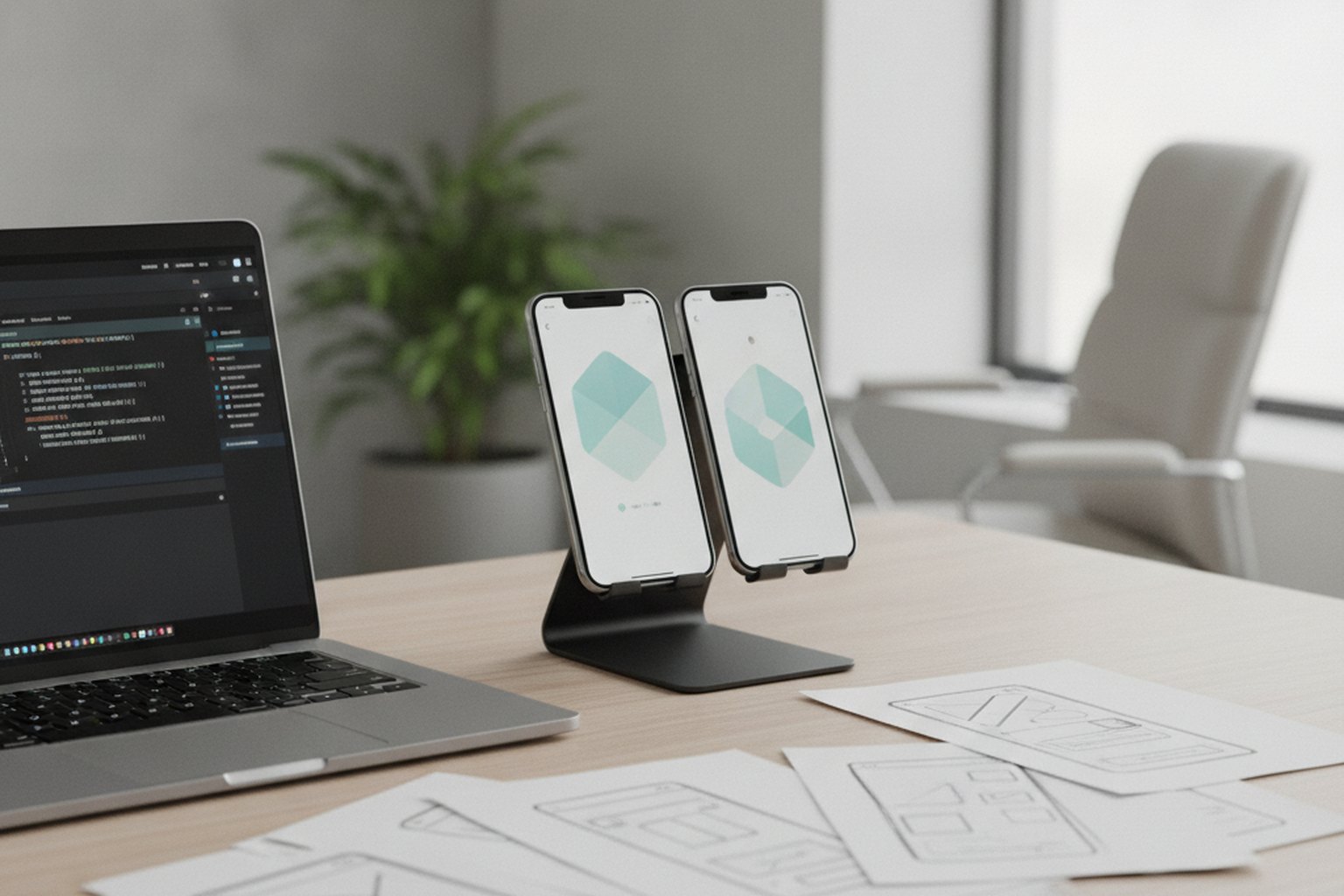 A mobile developer's desk building an app: two smartphones on a stand showing an app interface, a laptop with code, and wireframe sketches on paper