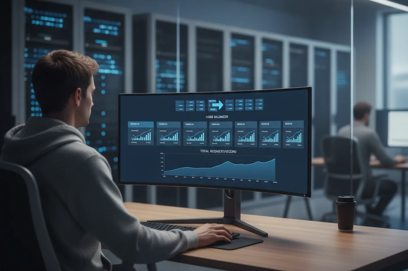 Engineer monitoring a horizontal scaling dashboard showing multiple server instances behind a load balancer