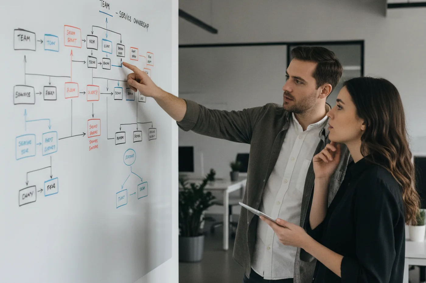 Two engineers reviewing a team and service ownership diagram on a whiteboard, illustrating Conway's Law