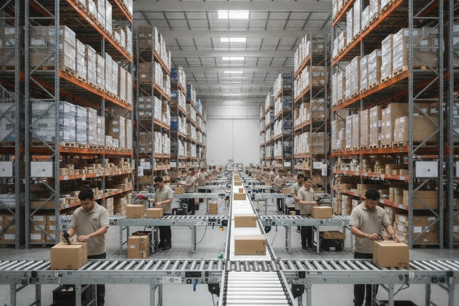 Magazzino di fulfillment 3PL multi-cliente con postazioni di imballaggio e scanner