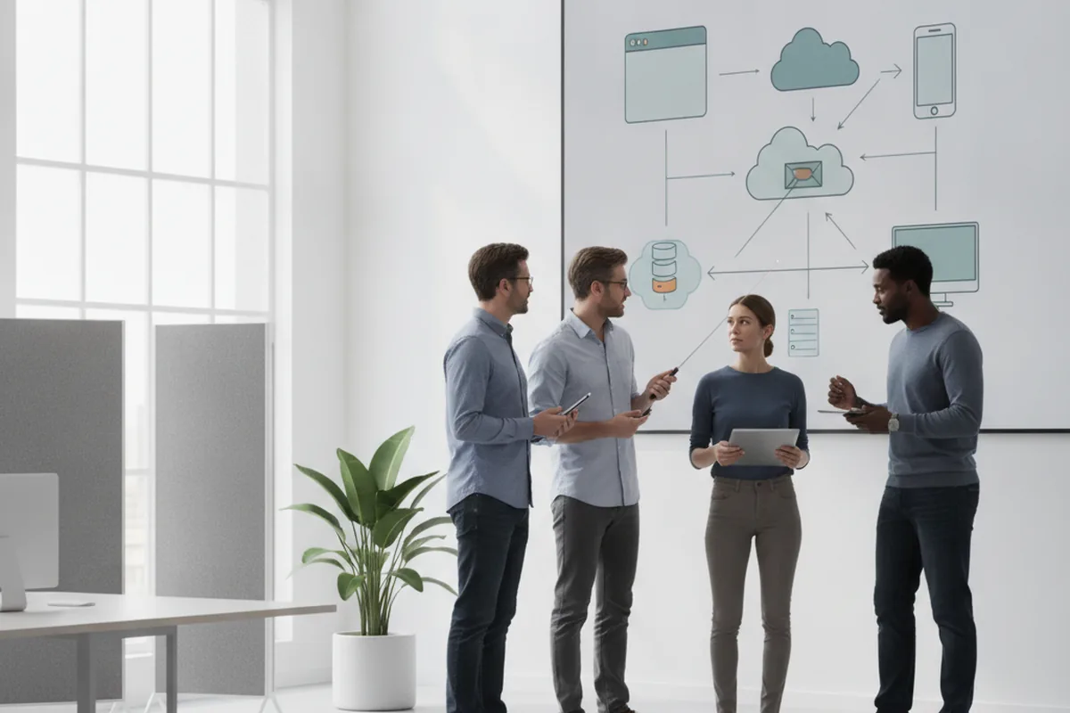 Software engineering team reviewing a system architecture diagram covering web, mobile and desktop platforms