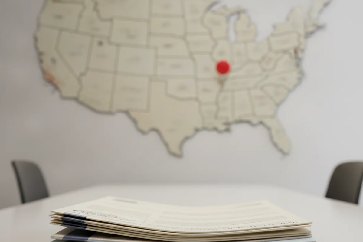 Stacked state sales tax registration certificates with a US map pin marker, representing multistate SST registration