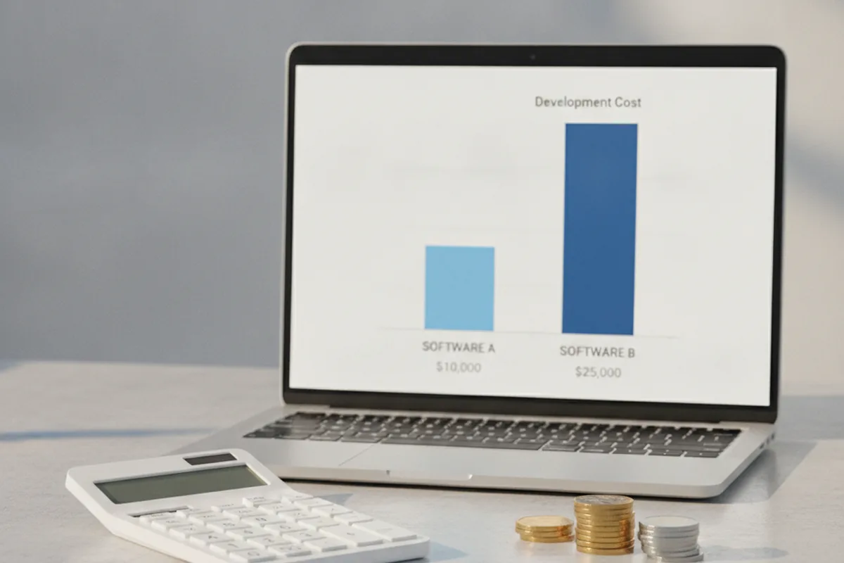 Laptop and calculator showing a cost comparison chart for nearshore versus onshore software development