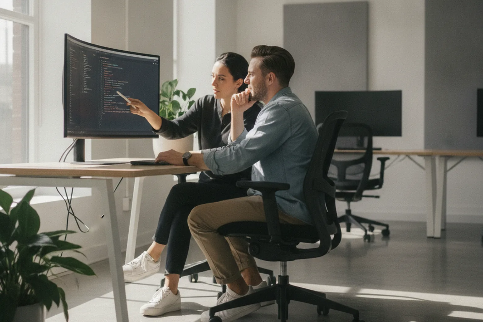 Outsourced software developer and client-side engineer reviewing code together on a shared monitor