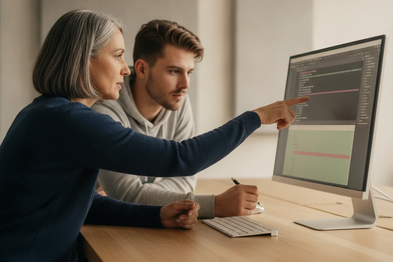 Ingegnera senior che revisiona la prima pull request di un nuovo membro del team esteso