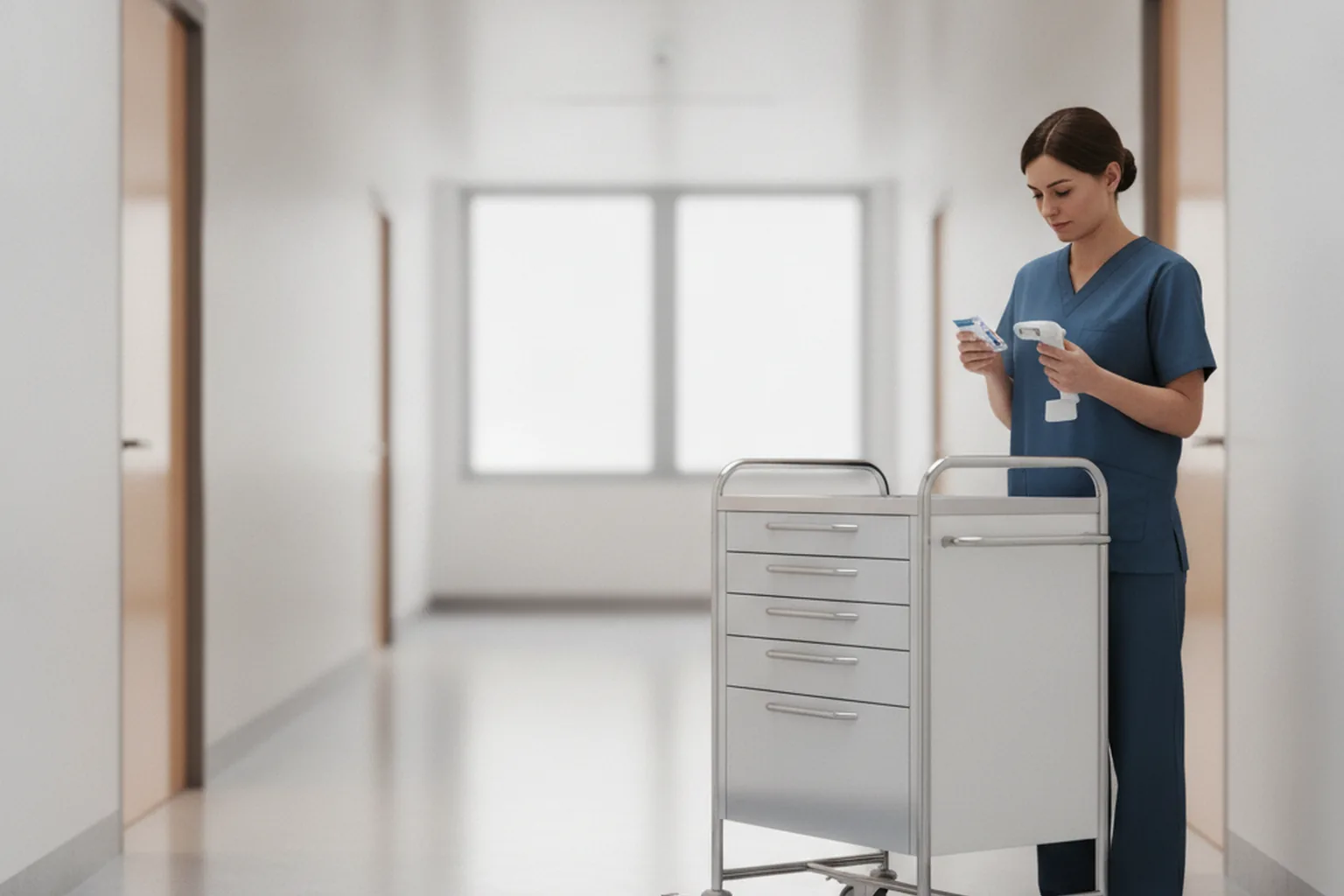 Infirmière dans un couloir d’hôpital scannant le code-barres d’une boîte de médicament avec un lecteur portable à côté d’un chariot de médicaments