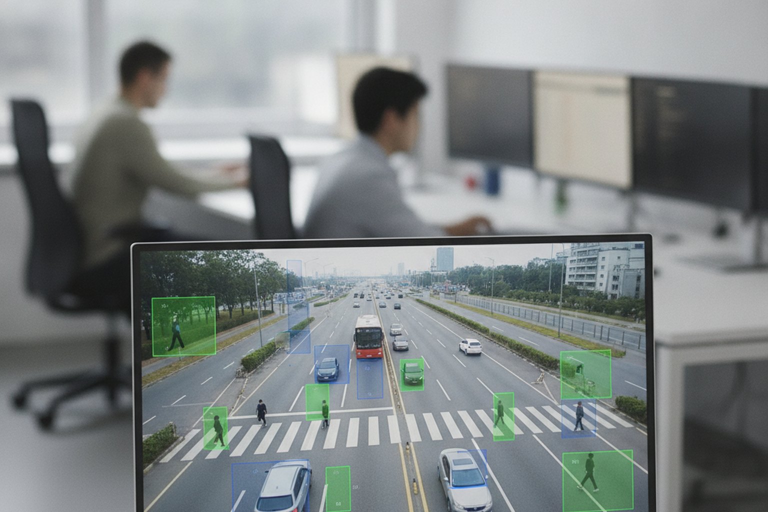Un ecran affiche un flux de trafic en direct avec des cadres de detection colores suivant voitures, bus et pietons tandis que des ingenieurs travaillent derriere