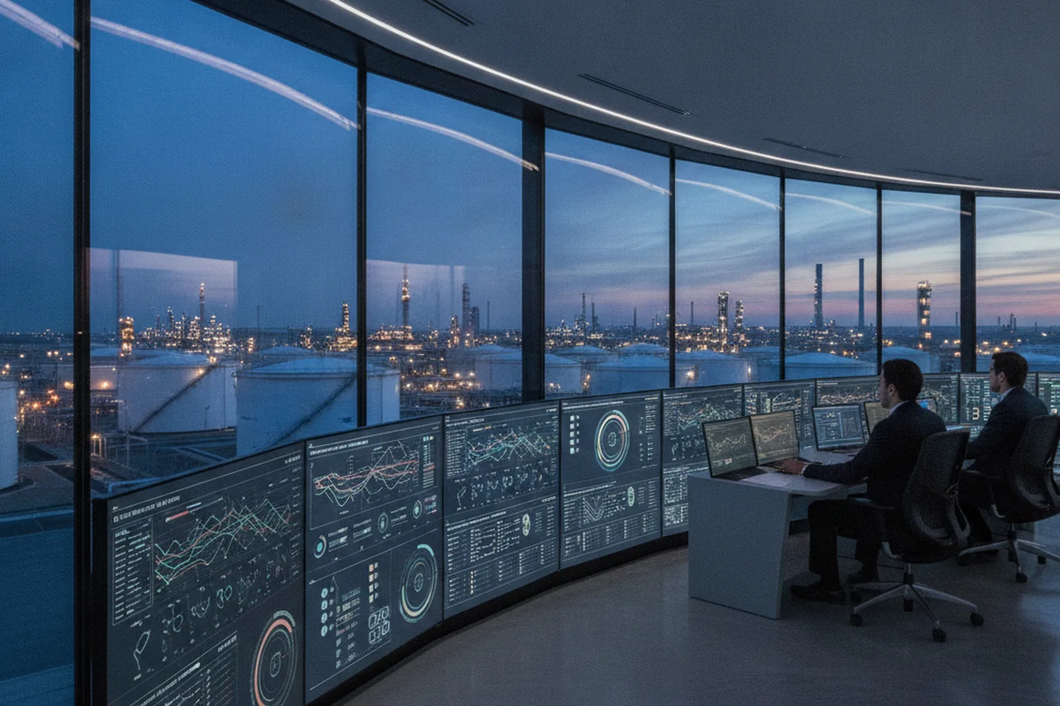 Ingenieure überwachen Öl- und Gas-Betrieb auf Kontrollraum-Dashboards