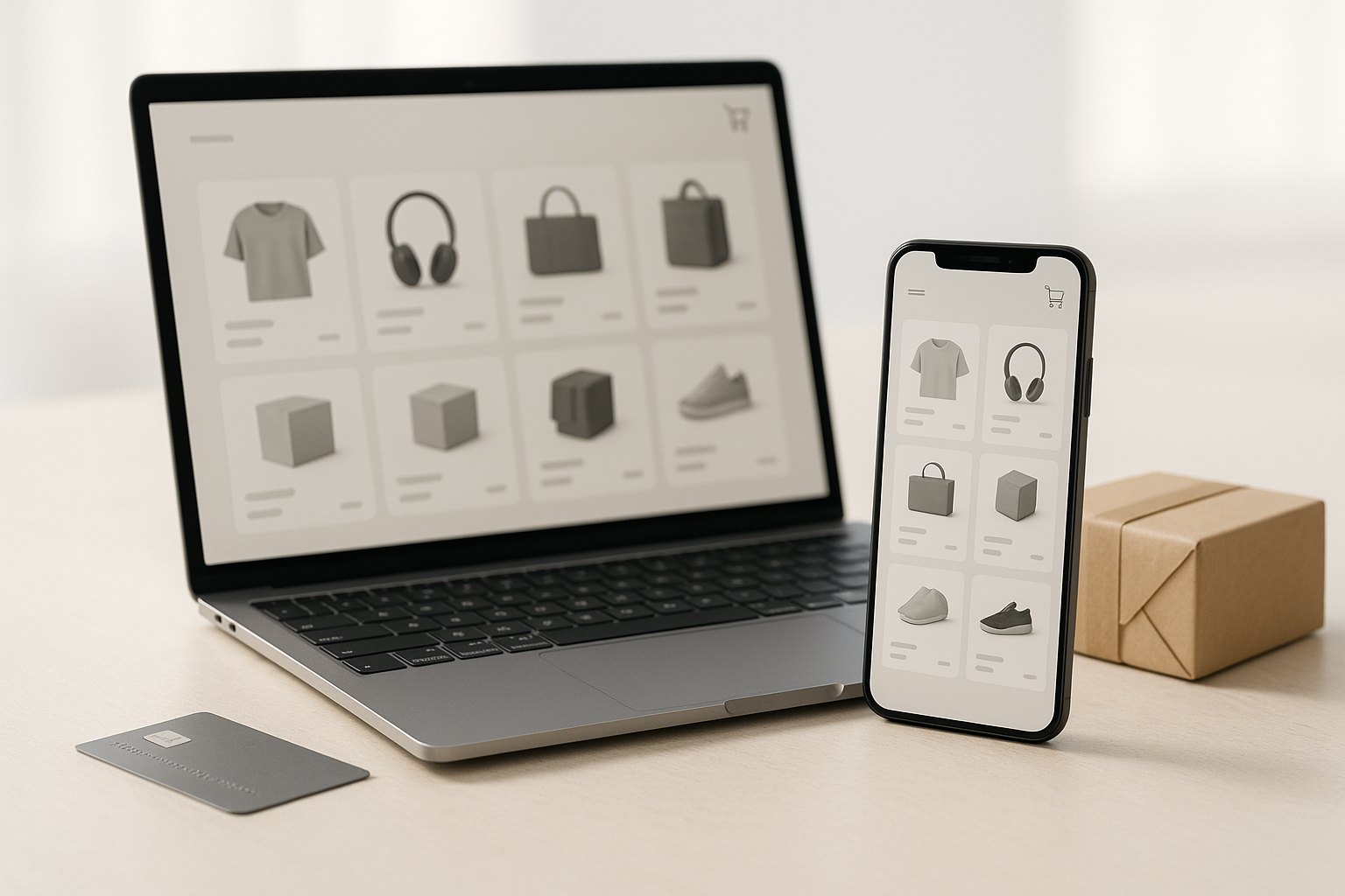A laptop and smartphone on a desk showing a generic online store with product cards and a shopping cart, a card and a parcel beside them, representing ecommerce software in use
