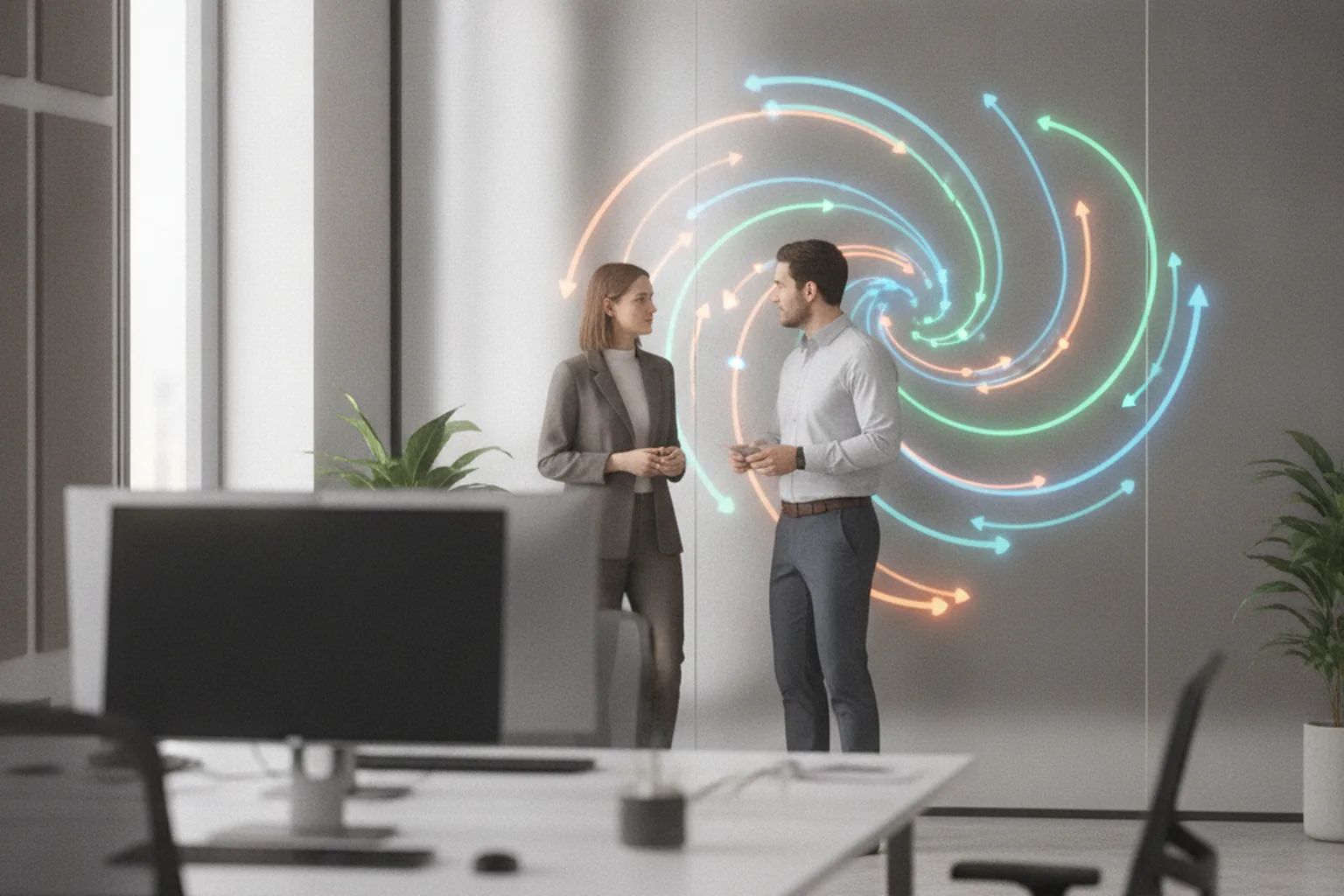 Two operations specialists discussing an automated multi-step workflow shown as connected arrows on an office wall
