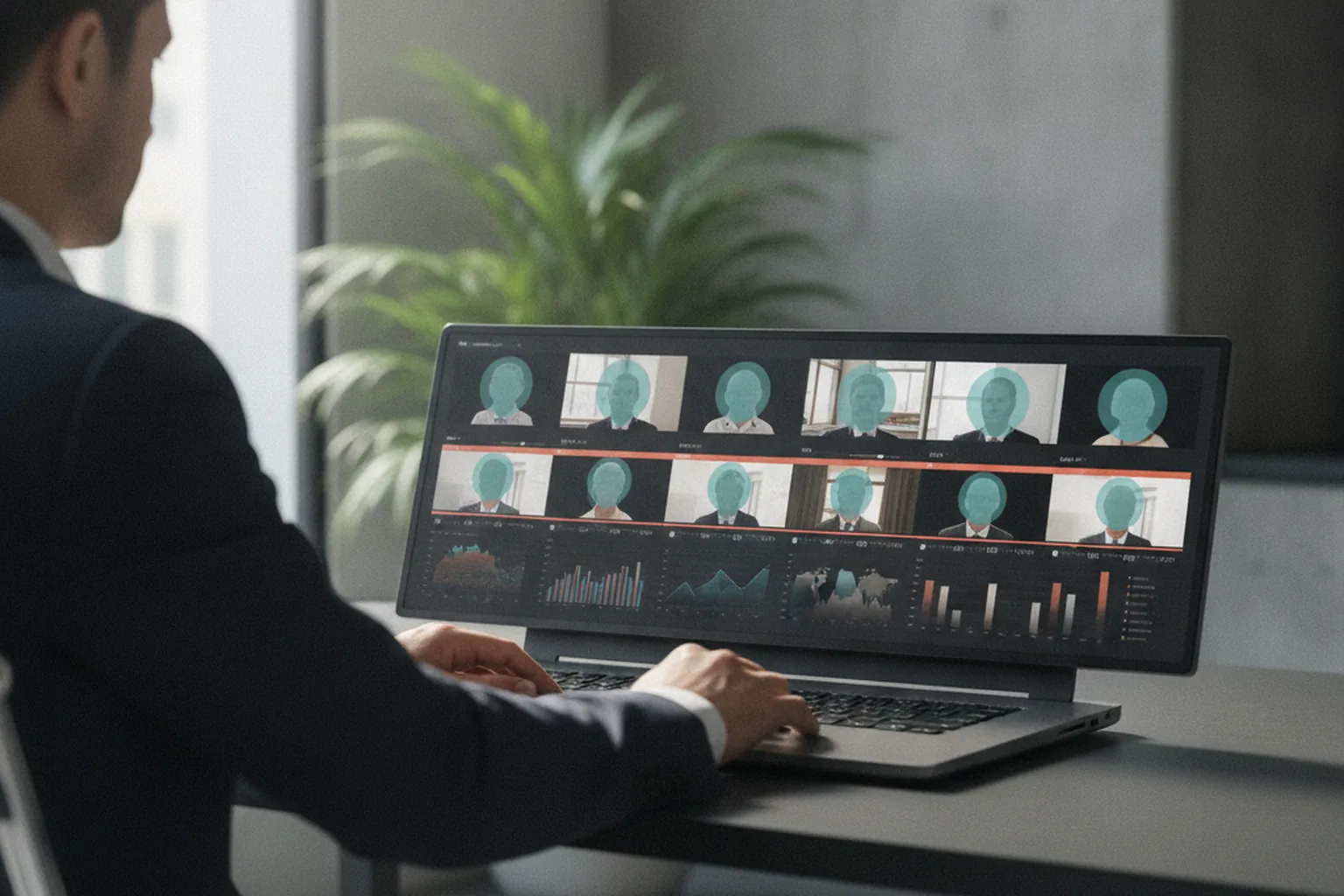 Analista che consulta un archivio video con sfocatura dei volti per la privacy