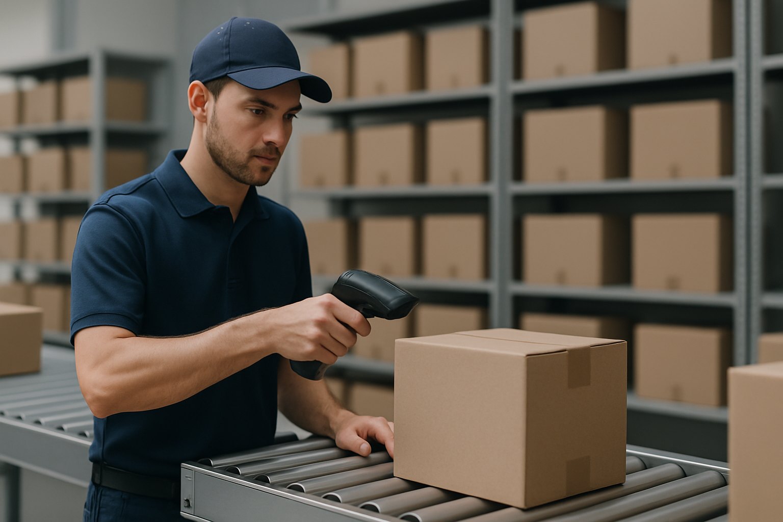 A warehouse worker scanning a plain unbranded parcel on a conveyor for online order fulfilment, representing the order and inventory layer of ecommerce software