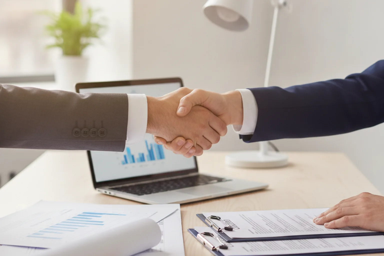 Signing a software development outsourcing partnership agreement over a laptop and contract documents