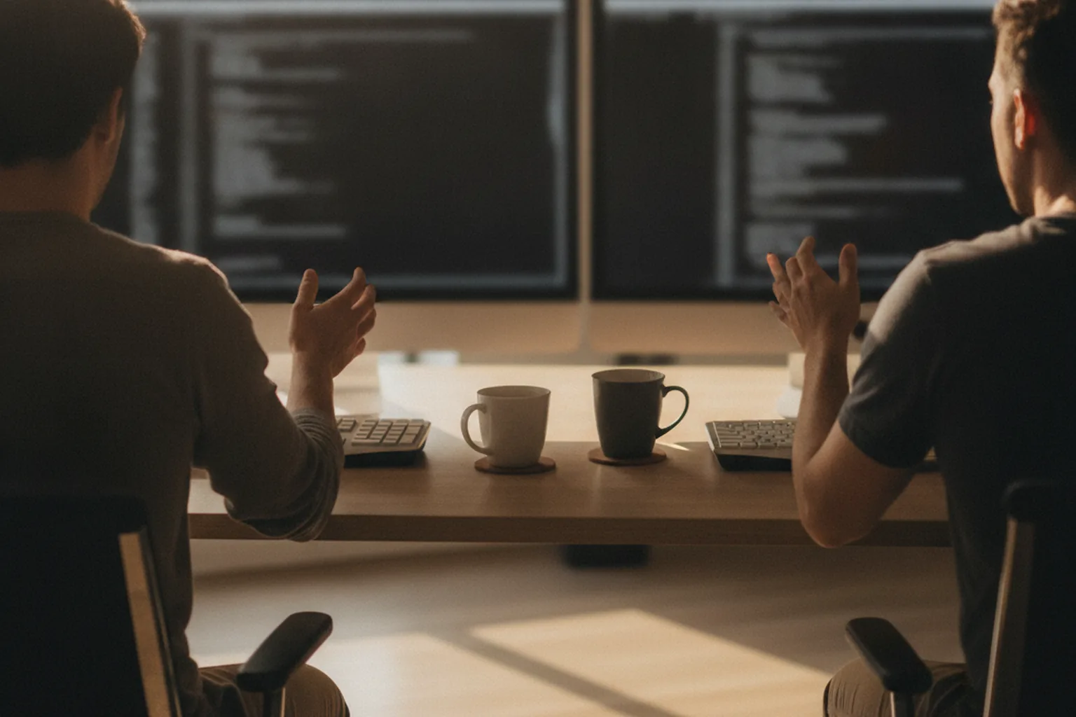 Two engineers discussing code side by side at a shared desk during a review session