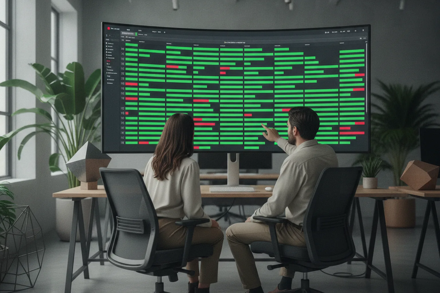 Two engineers reviewing automated test results before merging code