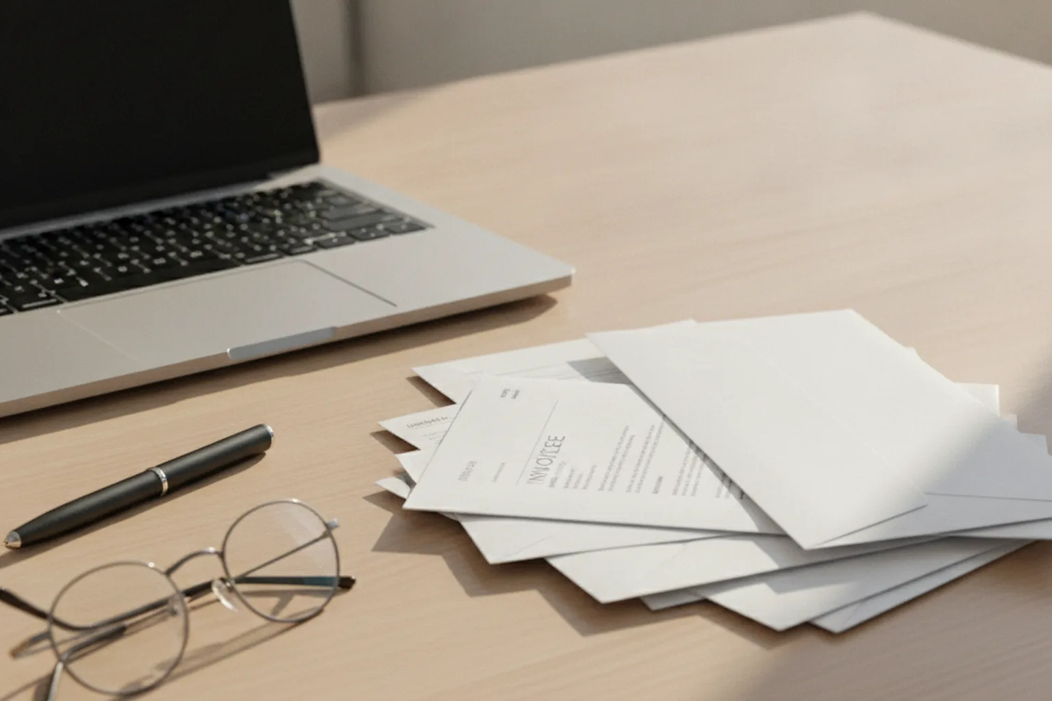 Pile de factures papier et d’enveloppes sur un bureau en bois, à côté d’un ordinateur portable, d’un stylo et de lunettes