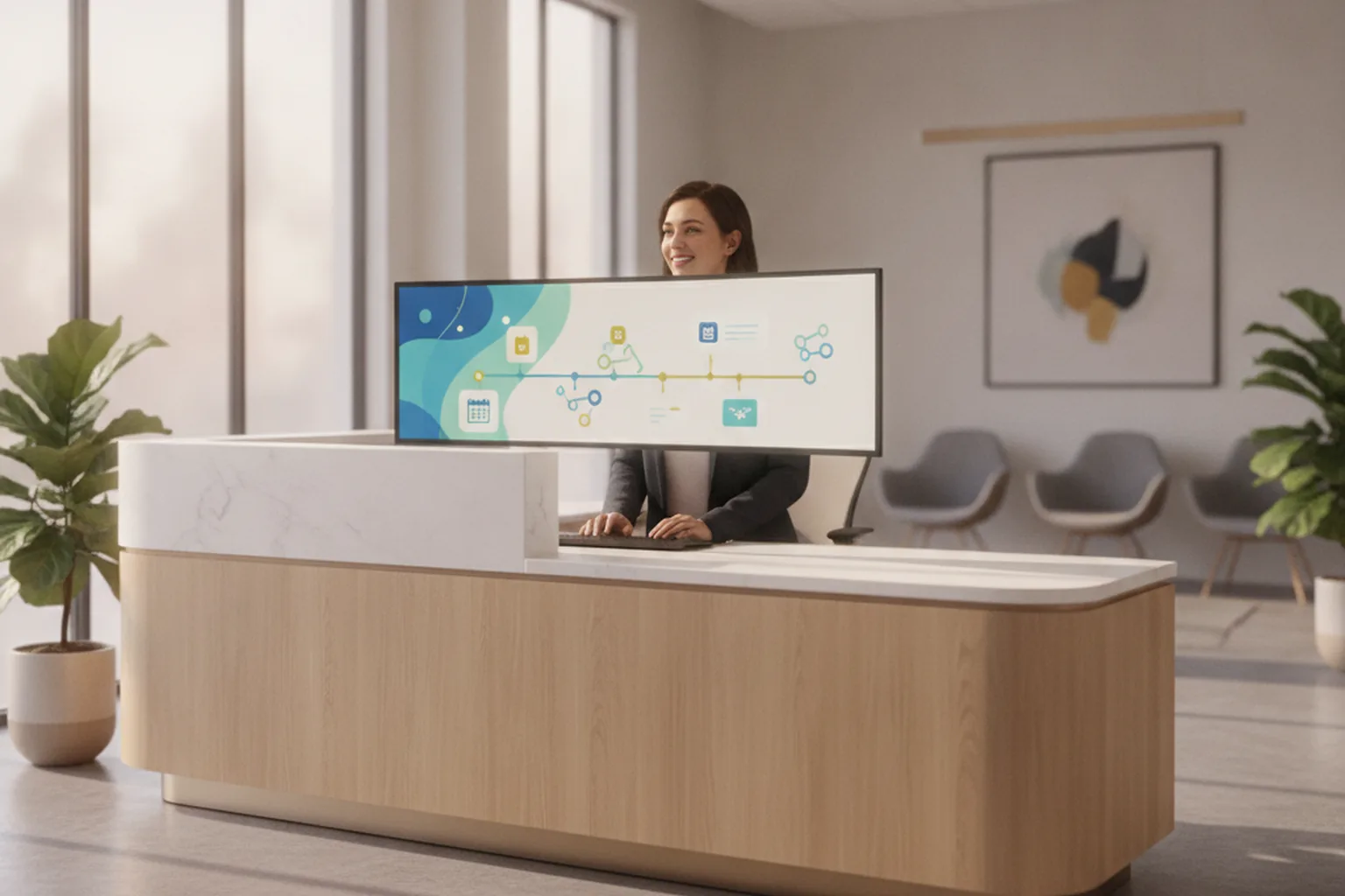 Coordinatrice patients à l’accueil d’une clinique consultant sur un grand écran la chronologie d’un parcours patient avec rappels et adressages