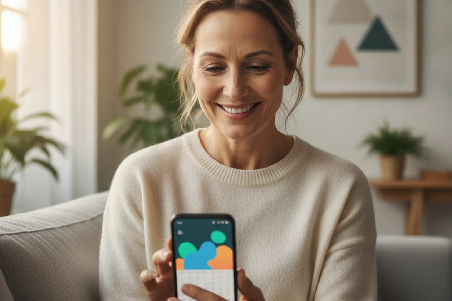 Patiente chez elle souriant en lisant un rappel de rendez-vous sur son smartphone