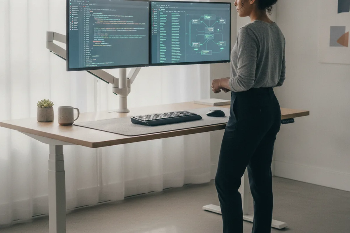 Engineer reviewing backend payment integration code and a webhook event flow diagram across dual monitors