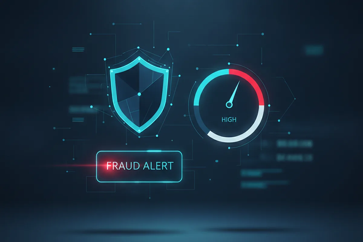 Security dashboard visualization with a shield icon and risk score gauge representing payment fraud prevention and monitoring