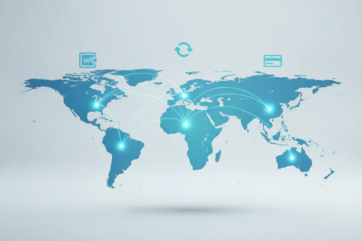 World map showing connected regions representing multi-currency payment settlement and local payment methods across the US and EU
