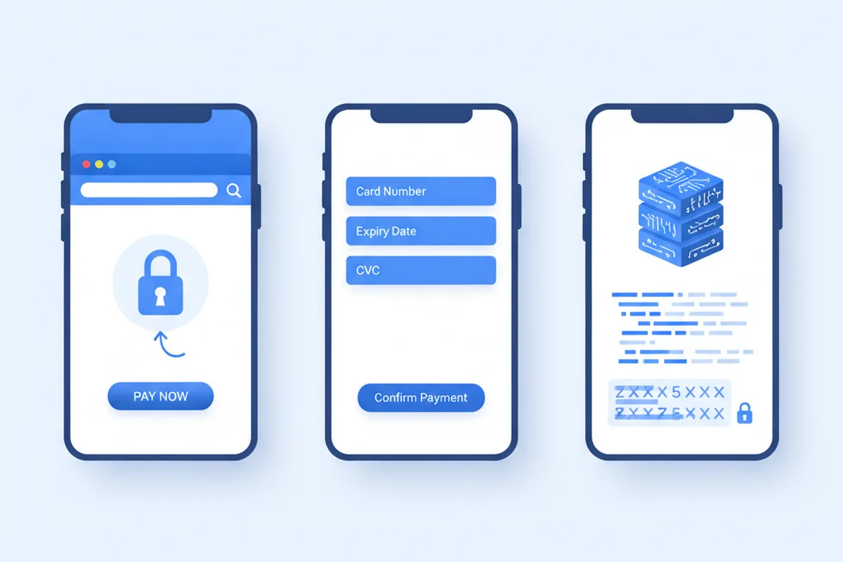 Three payment integration models compared: hosted checkout redirect, embedded SDK card fields, and direct server-side API handling raw card data