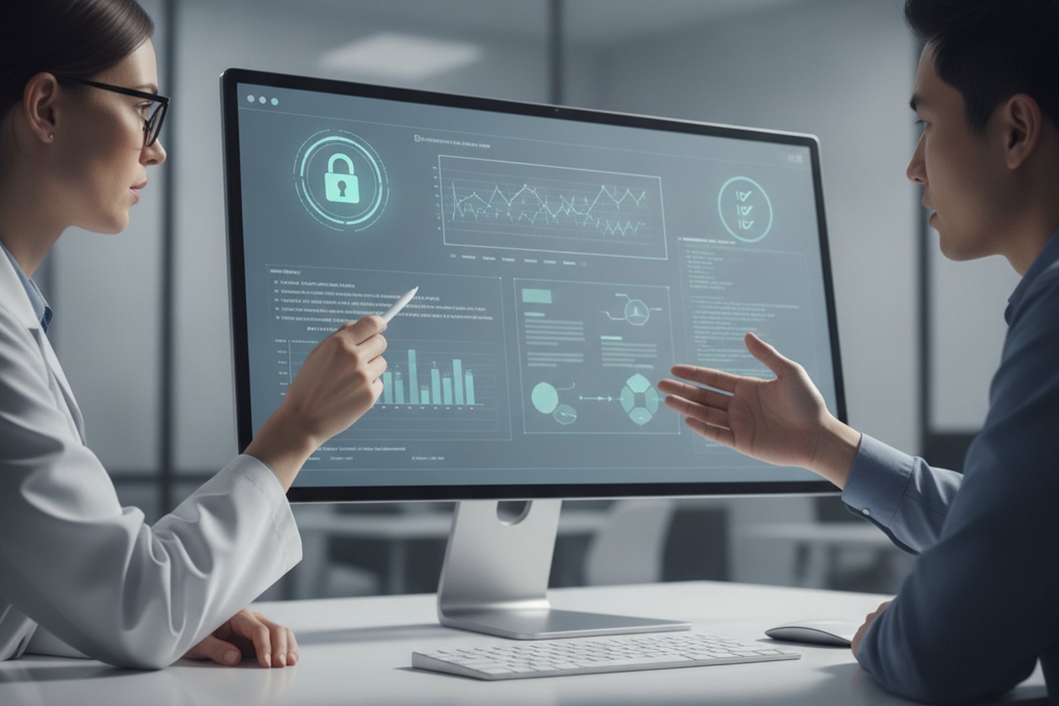 Un responsabile della qualit&agrave; farmaceutica e un ingegnere software esaminano una pista di controllo elettronica e documenti di validazione dei sistemi informatizzati su un monitor con un lucchetto di sicurezza e una checklist