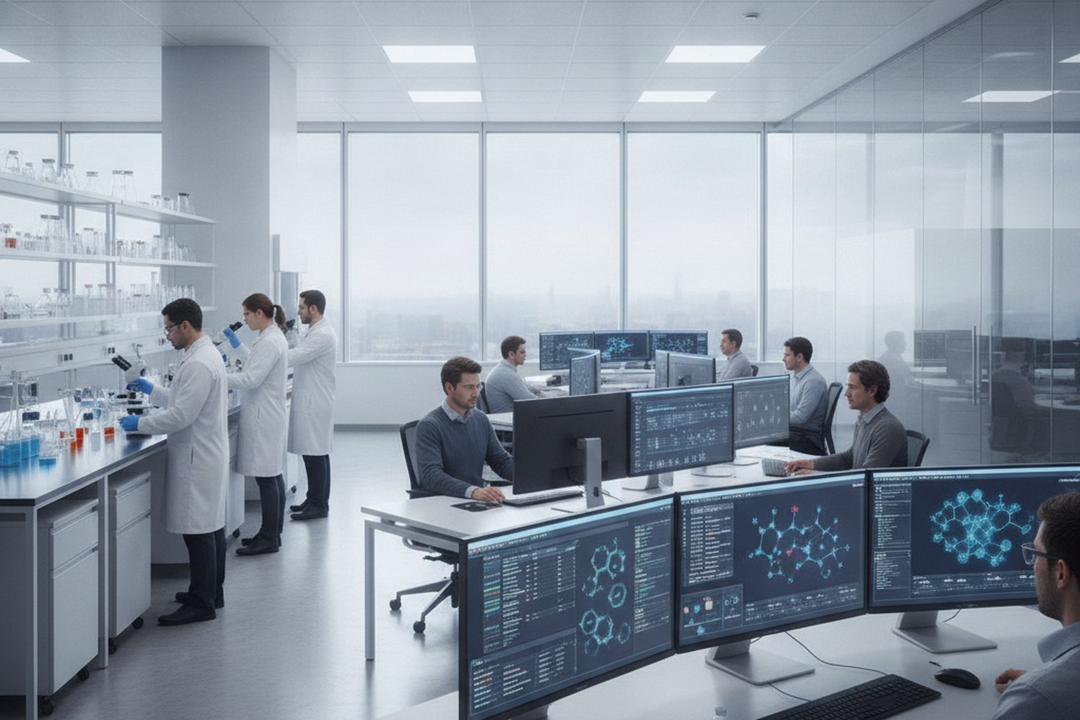 Scienziati farmaceutici in camice bianco e ingegneri software esaminano dashboard di sperimentazioni cliniche, strutture molecolari e batch record su grandi monitor in un moderno laboratorio-ufficio