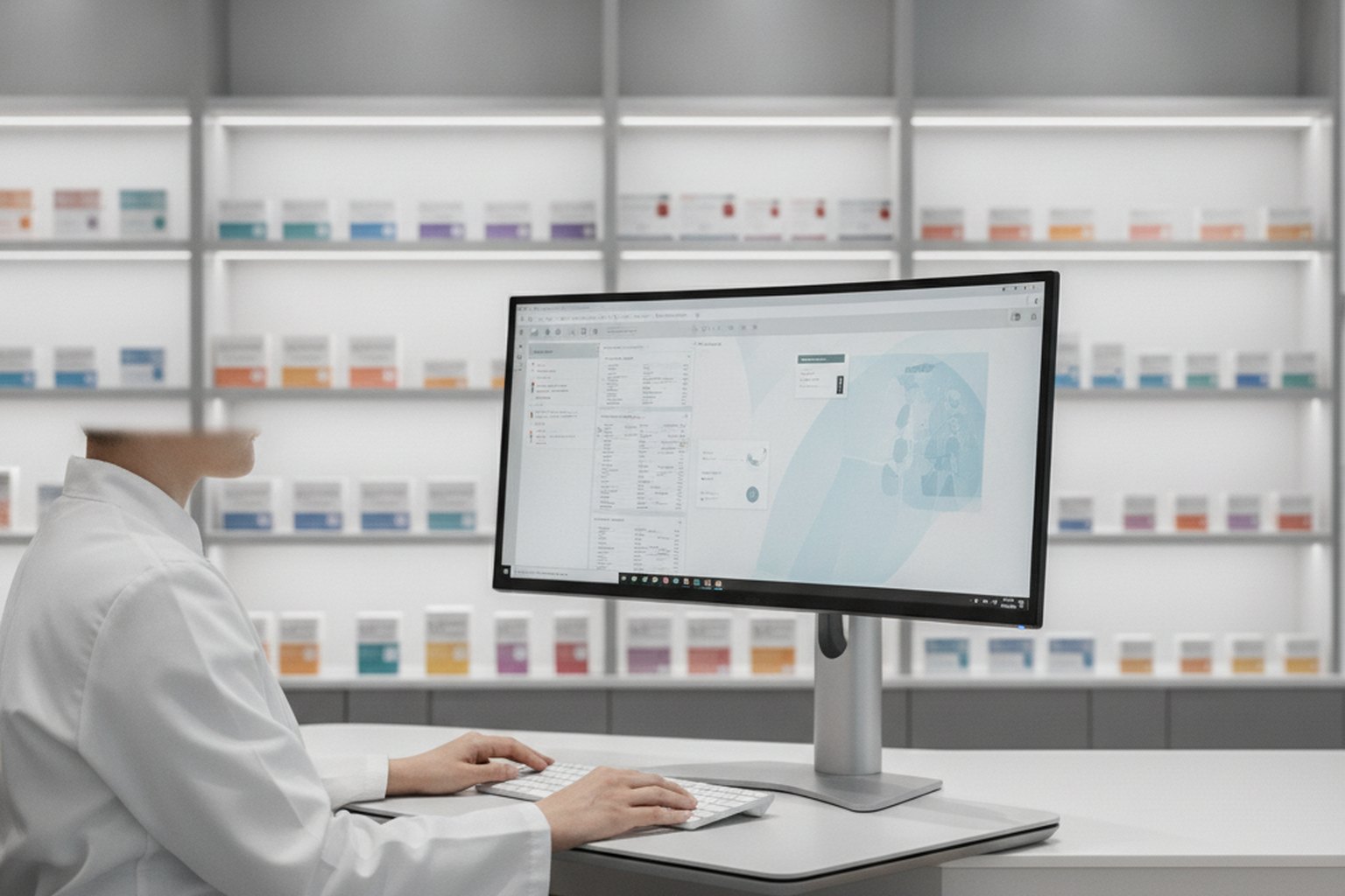 A pharmacist in a white coat working at a computer workstation running pharmacy management software, with organized medication shelves behind the counter