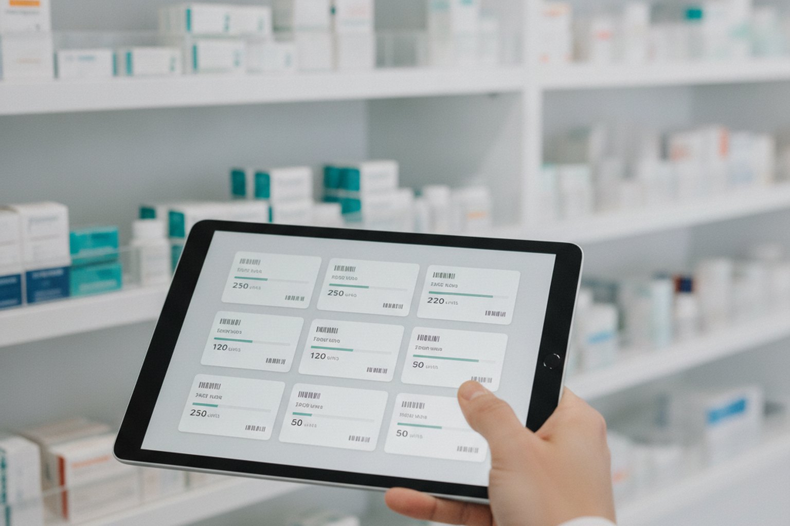 A pharmacist holding a tablet showing a pharmacy inventory dashboard with stock levels beside organized medication shelves