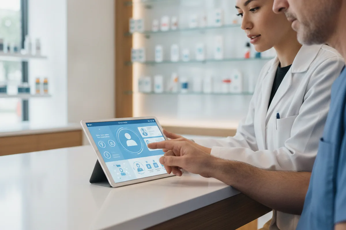 Pharmacy technician and pharmacist reviewing a new pharmacy management system together at a training session on a tablet