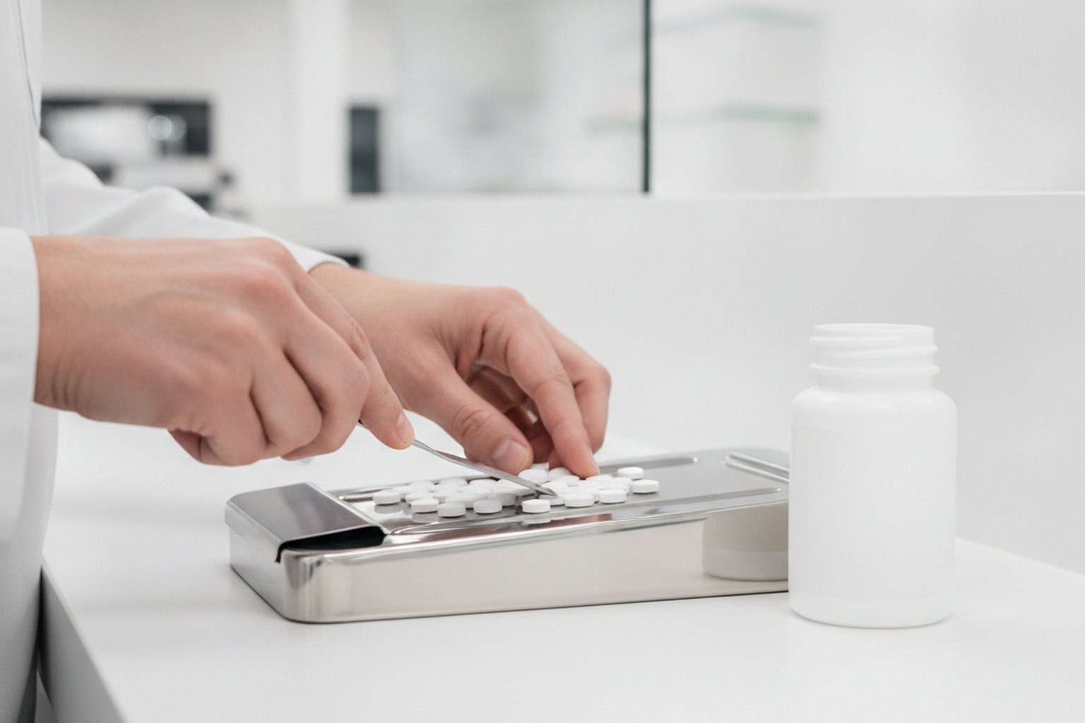 A pharmacist's hands counting white tablets on a stainless steel pill-counting tray with a spatula at a dispensing bench