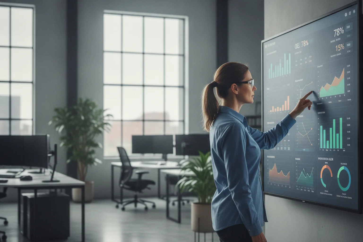 Plant manager reviewing OEE and downtime analytics on a factory dashboard
