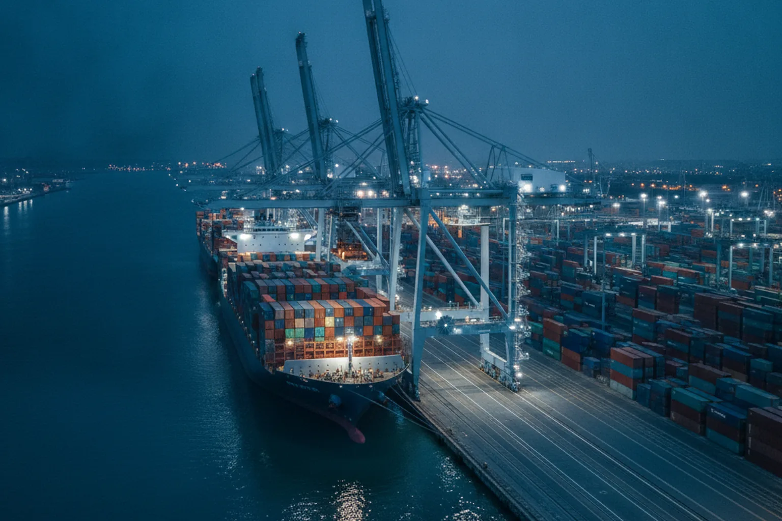 Port container terminal with gantry cranes loading a vessel