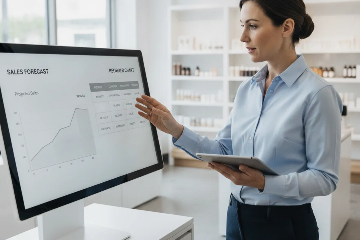 Retail manager reviewing an AI-generated sales forecast and reorder chart on a POS back-office screen