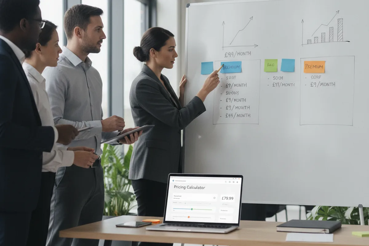 Product and finance team comparing SaaS pricing tiers on a whiteboard