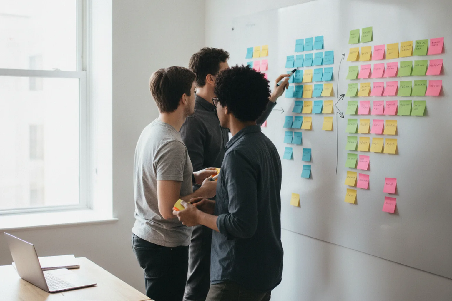Kleines Team bildet einen Geschäftsprozess mit Haftnotizen an einem Whiteboard ab