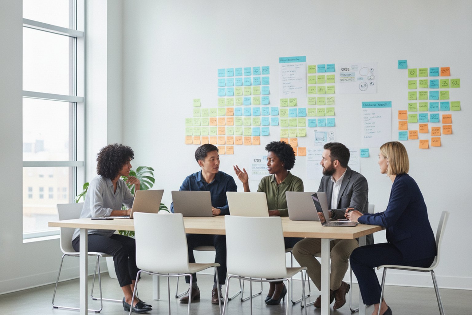 A cross-functional software product team collaborating around a wall of sticky notes and user-story cards during a product discovery workshop