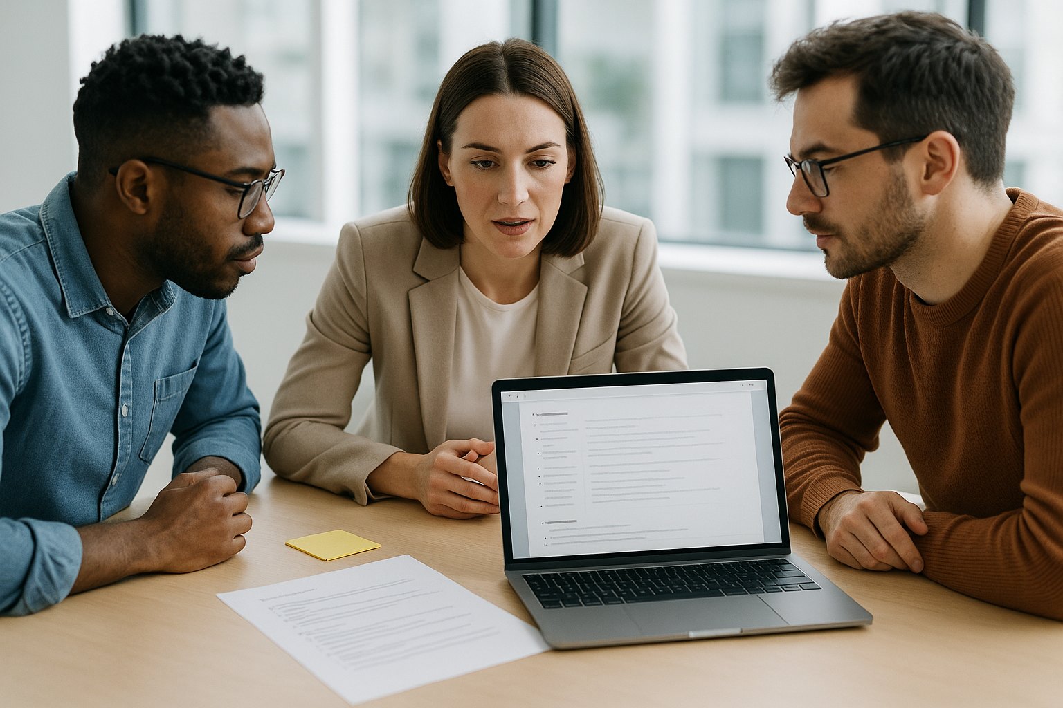 Une chef de produit et deux ingénieurs relisant un document d'exigences produit sur un ordinateur portable
