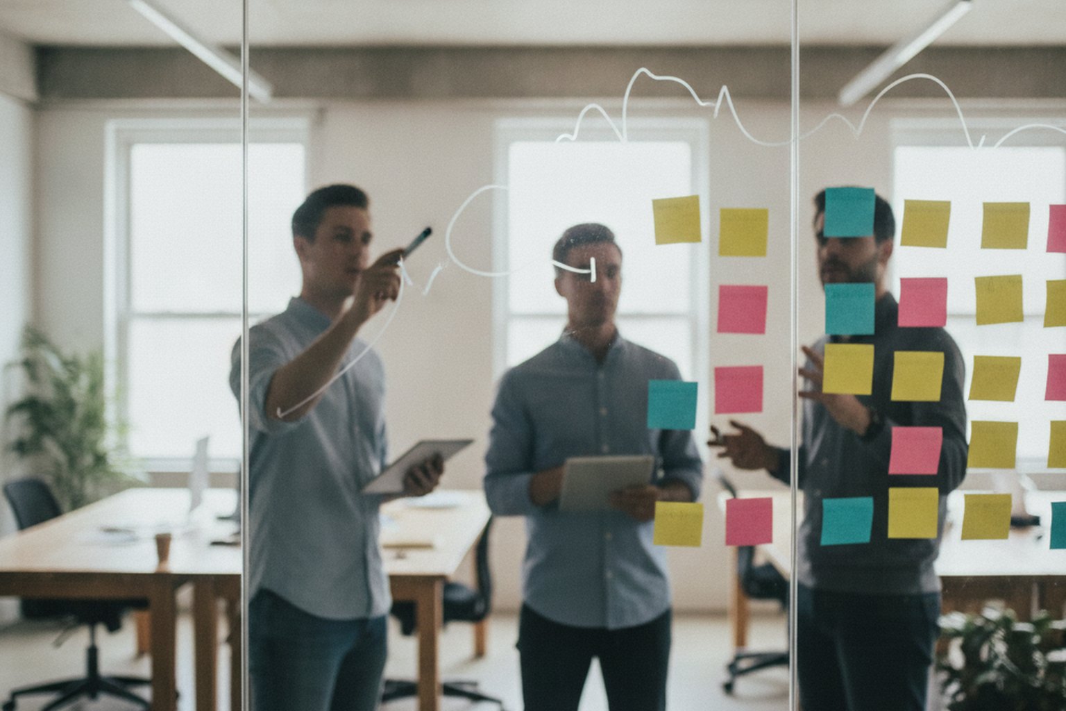 Un team di prodotto e ingegneria pianifica un progetto di AI generativa su una parete di vetro coperta di post-it e una roadmap
