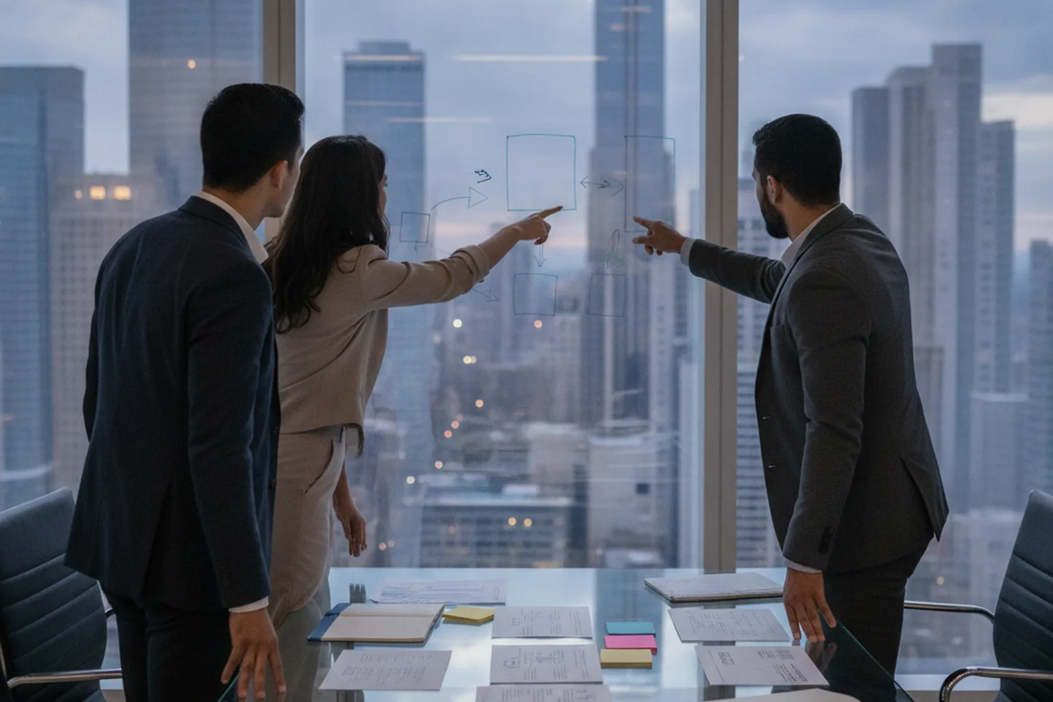 Team di direzione di prodotto che confronta fornitori di sviluppo software AI in un ufficio negli Stati Uniti