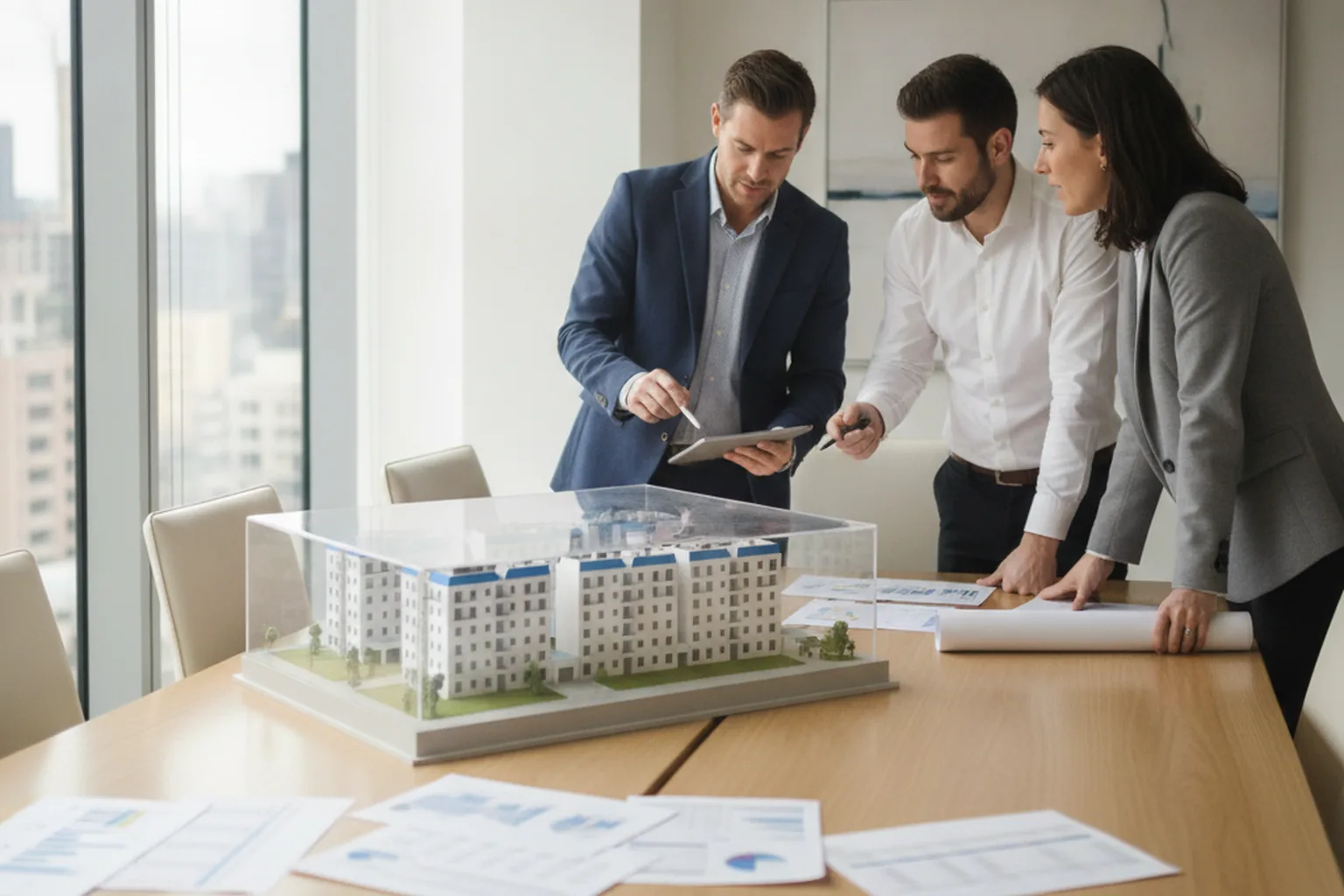 Equipo financiero de una promotora revisando el presupuesto de un proyecto junto a una maqueta de un complejo de viviendas